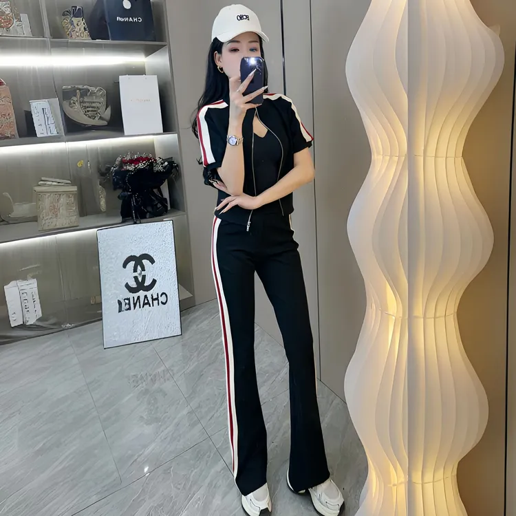 休闲运动套装女春夏收腰设计感御姐黑色长裤短袖休闲高腰时尚气质