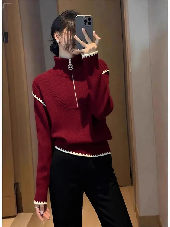 秋季巨好看百搭显瘦高领长袖上衣韩系独特漂亮红色半拉链针织衫女