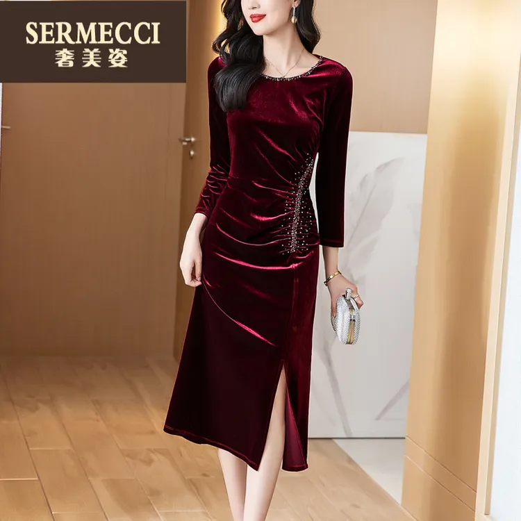 奢美姿上档次酒红色连衣裙女2025秋冬新款修身包臀裙子