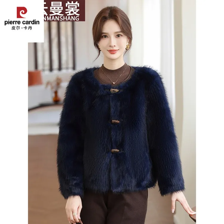 皮尔卡丹妈妈冬装新款环保皮草外套时尚洋气圆领加厚保暖毛毛外套