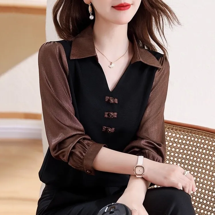 长袖衬衫拼接时尚显瘦丝绸打底秋季小衫气质洋气复古设计感高贵
