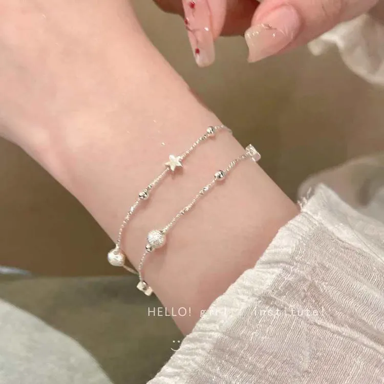 合金手链 银色磨砂小球星星手链女轻奢小众精致闺蜜双层叠戴手饰