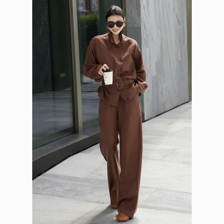 ZEROYK时尚套装女秋季新款御姐气质亚麻系带衬衫阔腿裤通勤三件套