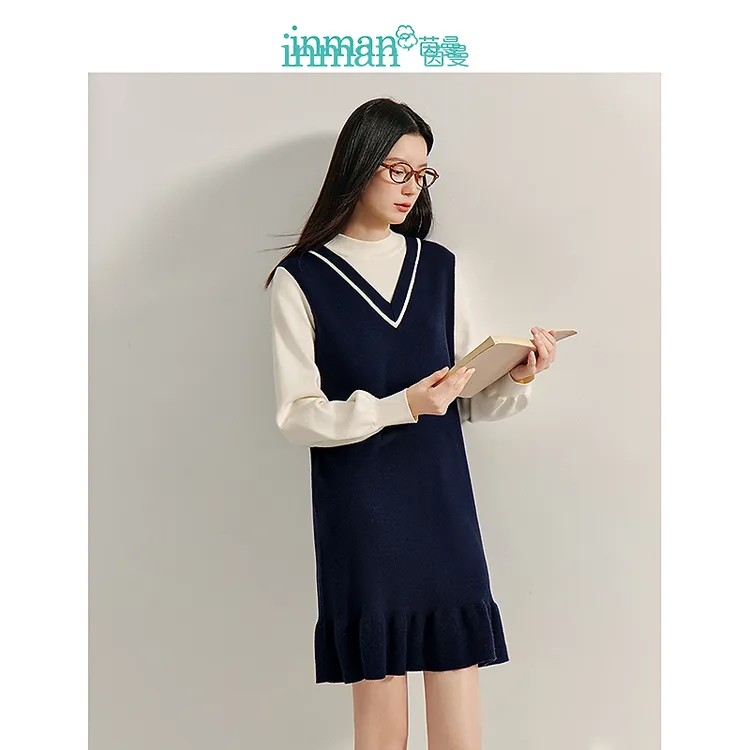 【商场同款】茵曼学院风假两件连衣裙2024冬季女装新款宽松裙子
