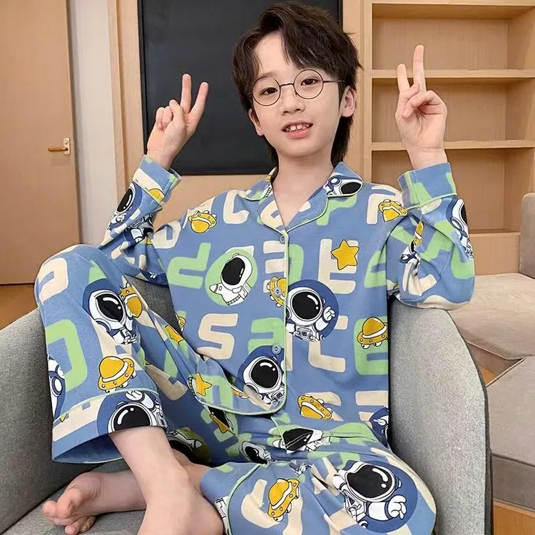 新款男童睡衣宽松秋冬款棉涤套装中大童12-15岁小男孩卡通家居服