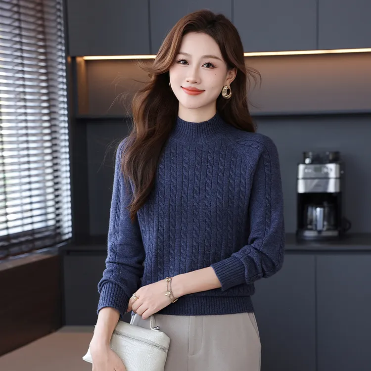 长袖短款保暖女厚款麻花毛针织衫时尚加厚打底衫洋气百搭宽松纯色