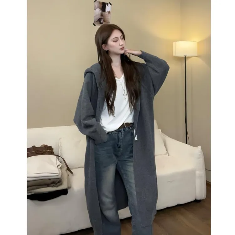 【原版清货+运费险】慵懒风网红休闲中长款针织开衫早秋连帽开衫