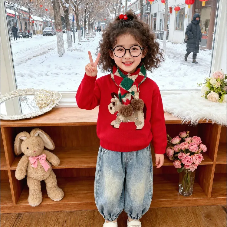 2026年新款加厚款拜年服厚款女童毛衣圆领儿童套头针织衫小马款