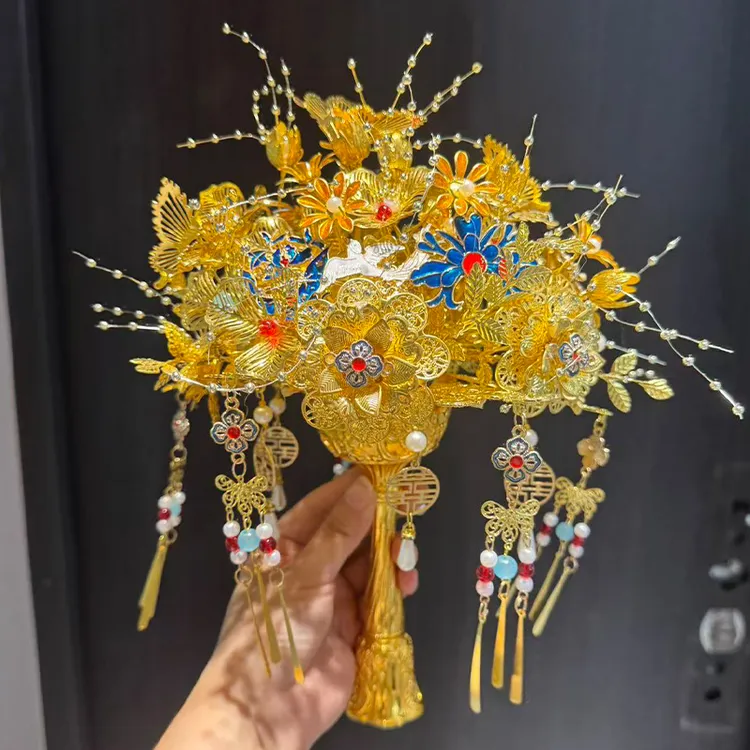 蓝金色手捧花diy材料包成品2025新款新娘闺蜜结婚礼物【清平乐】