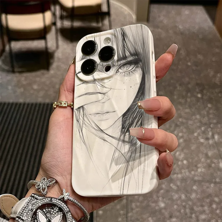 BANCA素描齐刘海少女适用苹果16肤感褶皱手机壳iphone15高级14/13
