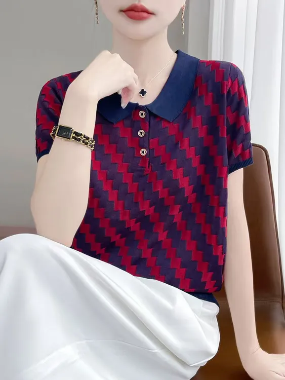 撞色莱赛尔天丝针织POLO领短袖T恤女040（红蓝菱形）（咖色菱形）AS