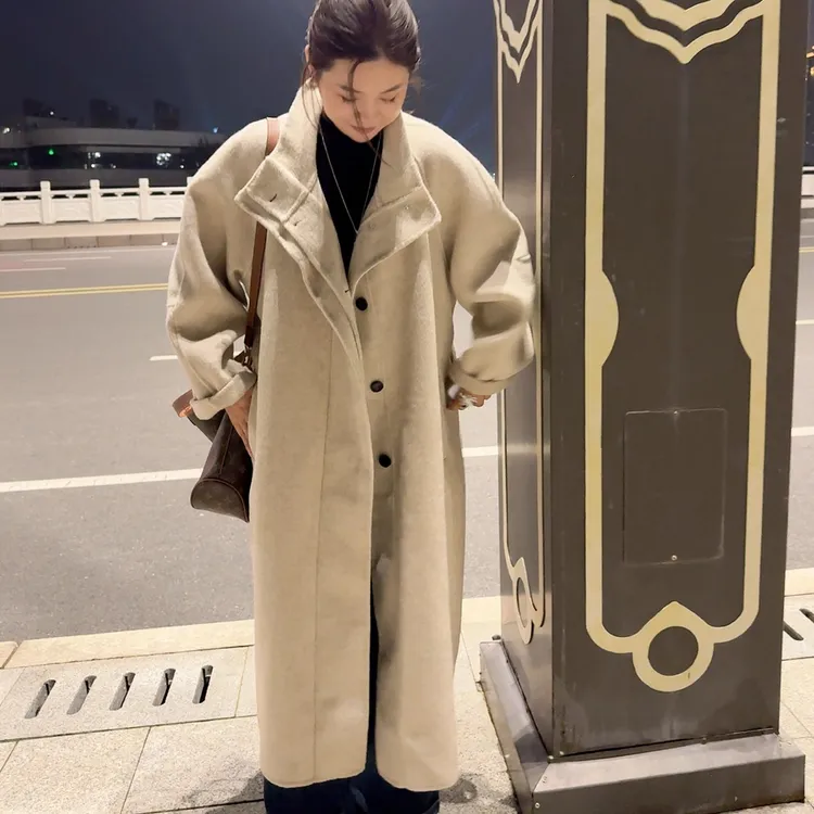 气质立领斜扣长款双面呢子大衣秋冬通勤保暖外套