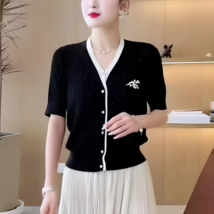 亮丝V领薄款设计感针织衫女开衫短袖T显瘦短款上衣夏季洋气时尚
