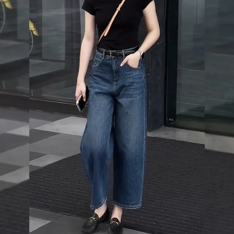 复古直筒牛仔裤女2025年秋季新款大码梨形身材高腰显瘦九分阔腿裤