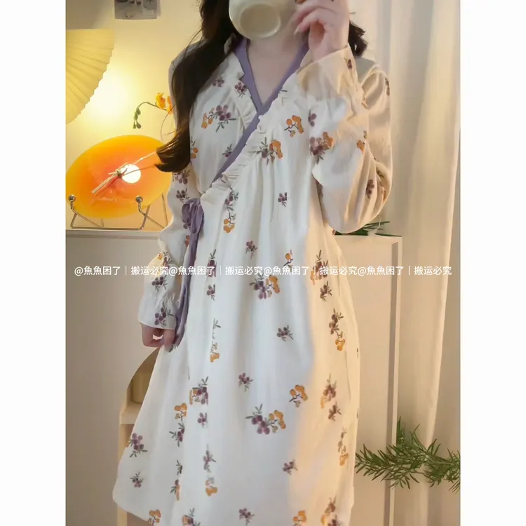 【枇杷芙蓉】春秋新款云朵棉睡袍女居家国风浴袍高级感家居服睡裙
