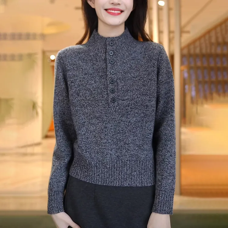 半高领纽扣针织衫女士秋冬新款宽松显瘦毛衣打底衫减龄洋气上衣