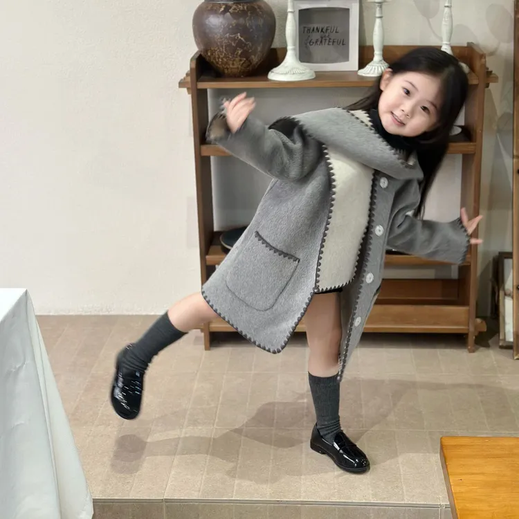 壹妈韩版童装女童毛呢外套2025秋冬新款洋气女宝灰色连帽呢大衣