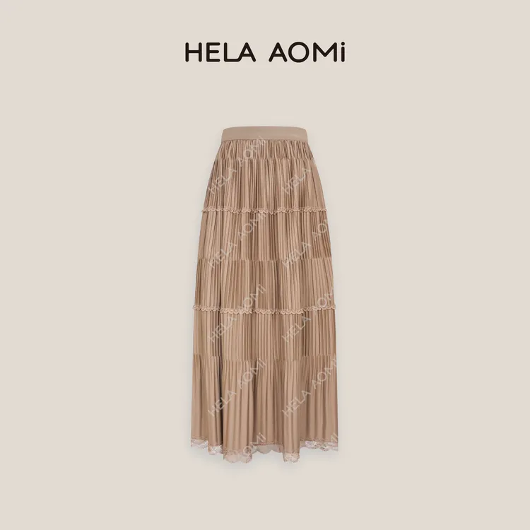 HELAAOMI“压皱华夫格半裙”复古遮胯显瘦松紧高腰褶皱中长半身裙