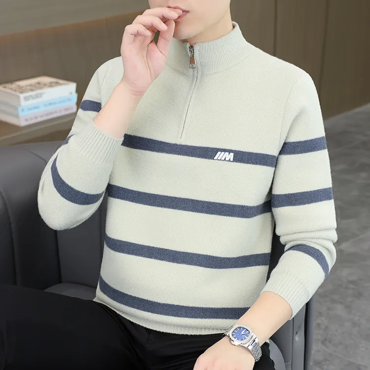 半拉链毛衣男款拼色条纹立领针织衫男式潮流帅气修身百搭打底衫男