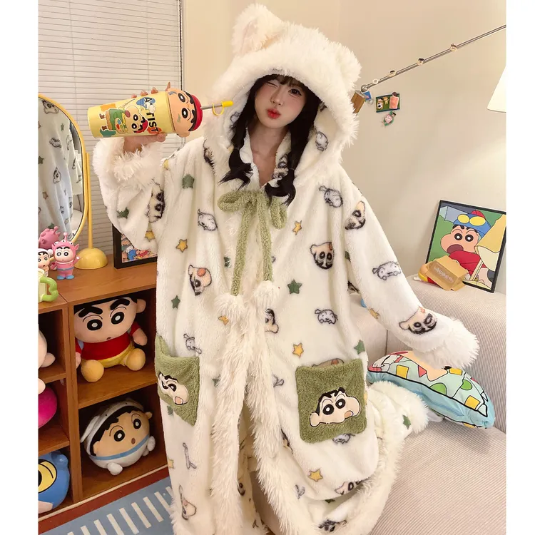 【蜡笔小新联名】卡通连帽珊瑚绒睡袍秋冬季加厚保暖睡衣女家居服