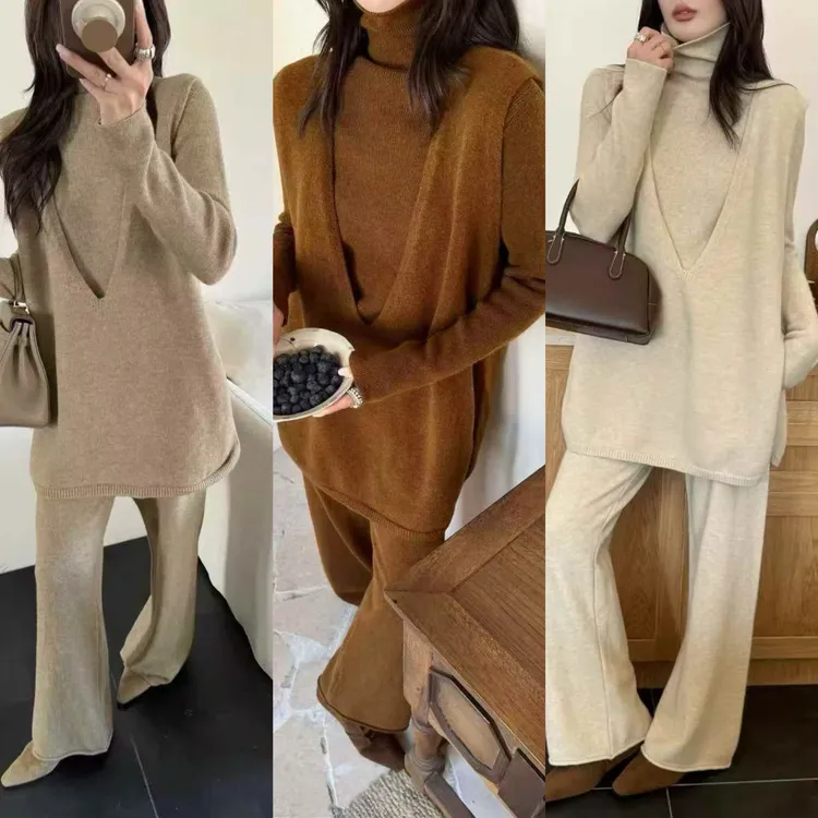 休闲慵懒风时尚套装宽松加厚V领马甲+高领毛衣+显瘦阔腿裤三件套