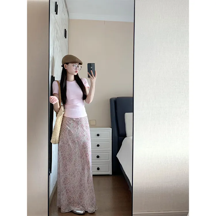 MARIE.COCO夏季新款粉色圆领短袖T恤上衣高腰显瘦碎花半身裙套装