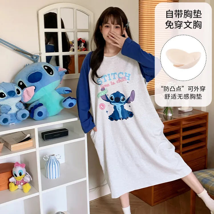  Disney/迪士尼春秋新款套头长袖带胸垫睡衣女宽松休闲家居服0155