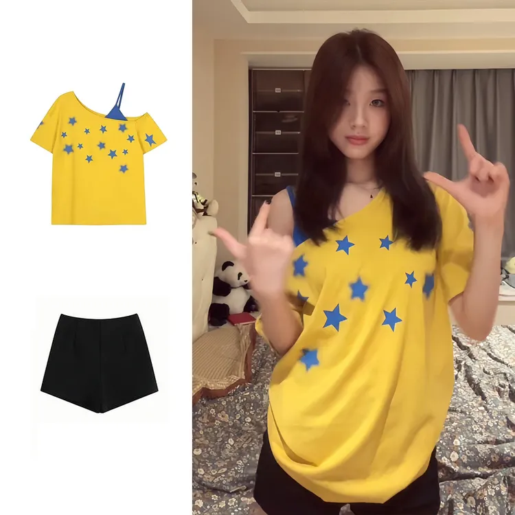 SUMBUR夏季辣妹斜肩短袖t恤女假两件新款爆款百搭时尚慵懒风上衣