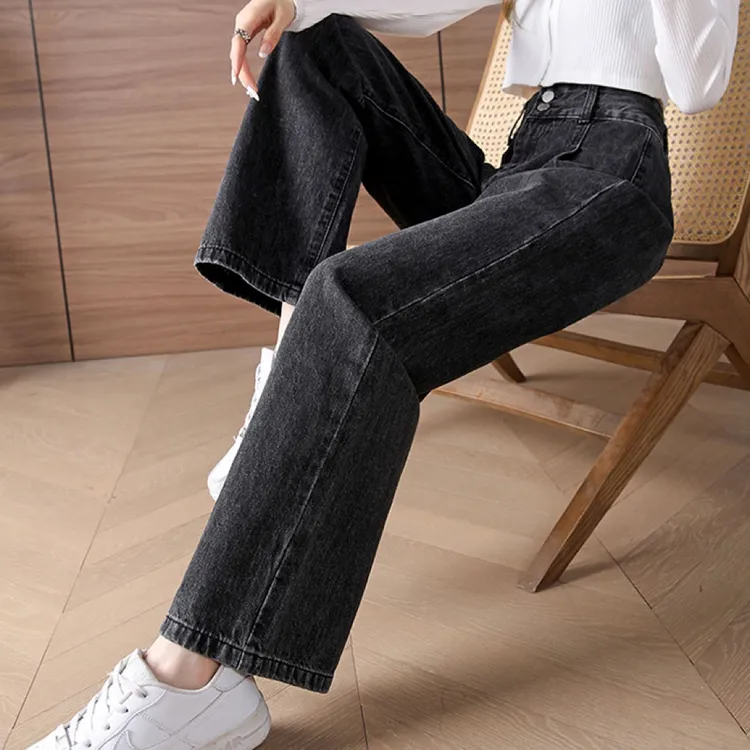 黑灰直筒牛仔裤女2025秋季新款高腰阔腿裤女宽松显瘦窄版遮跨裤子