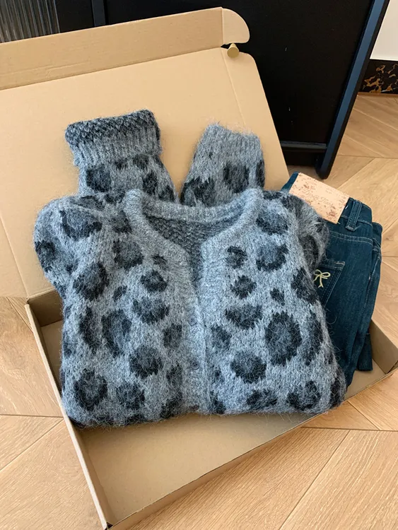 法式豹纹长袖v领针织毛衣开衫外套女2025秋冬新款设计感小众上衣