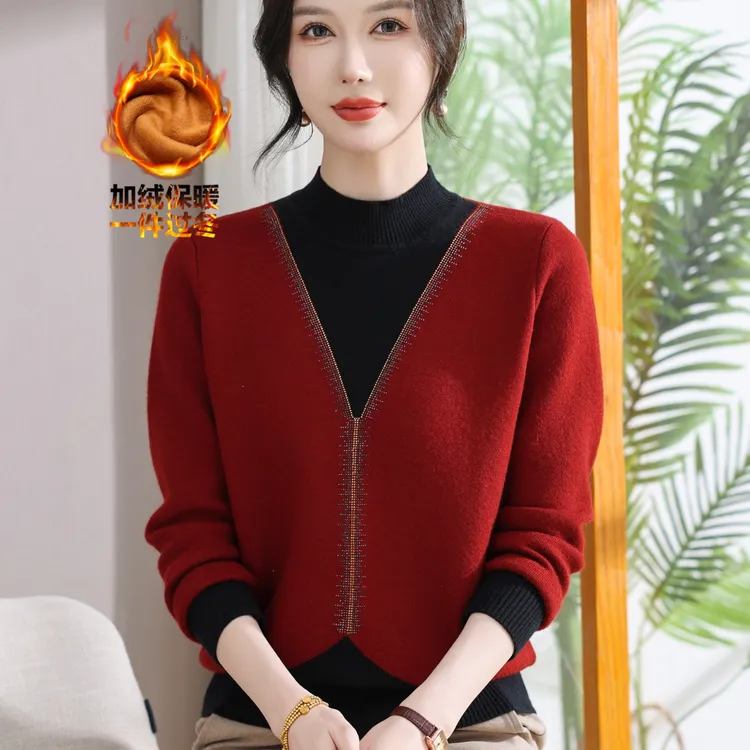 中老年冬装加绒加厚半高领毛衣妈妈装秋冬时尚保暖针织打底衫上衣