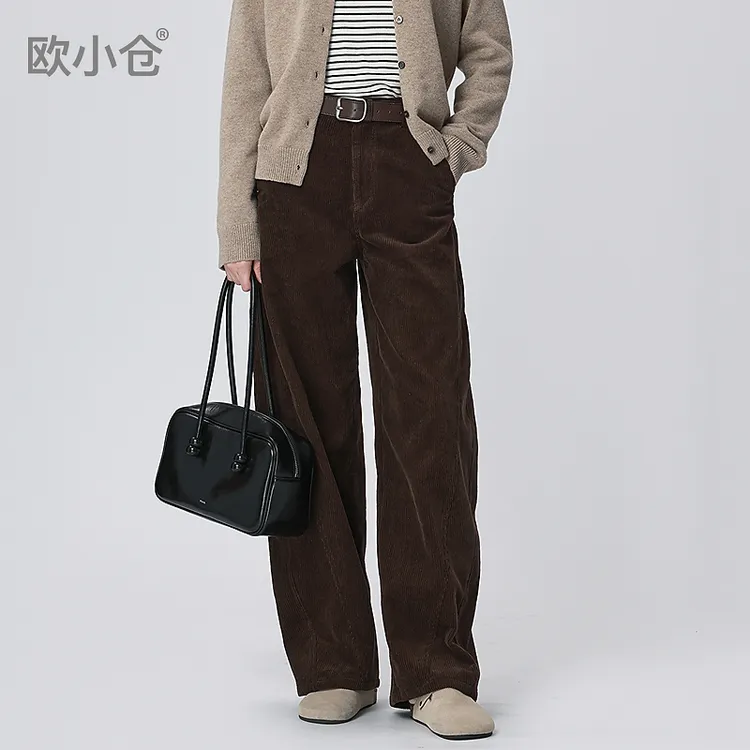 欧小仓茶酥系列 空气洗灯芯绒弯刀裤棉质阔腿裤 咖啡色条绒裤1798