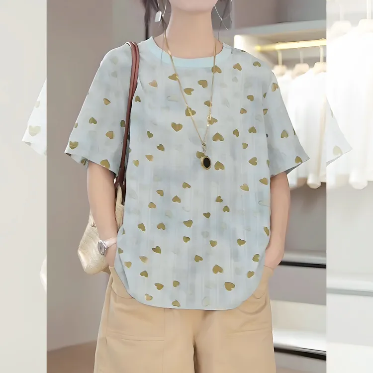 显瘦减龄百搭上衣夏季薄款胖MM大码女装气质宽松爱心印花短袖T恤