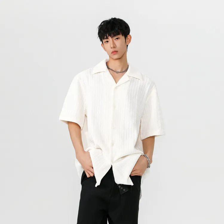 夏季新款提花古巴领衬衫男士衬衣时尚休闲薄款简约宽松条纹透气