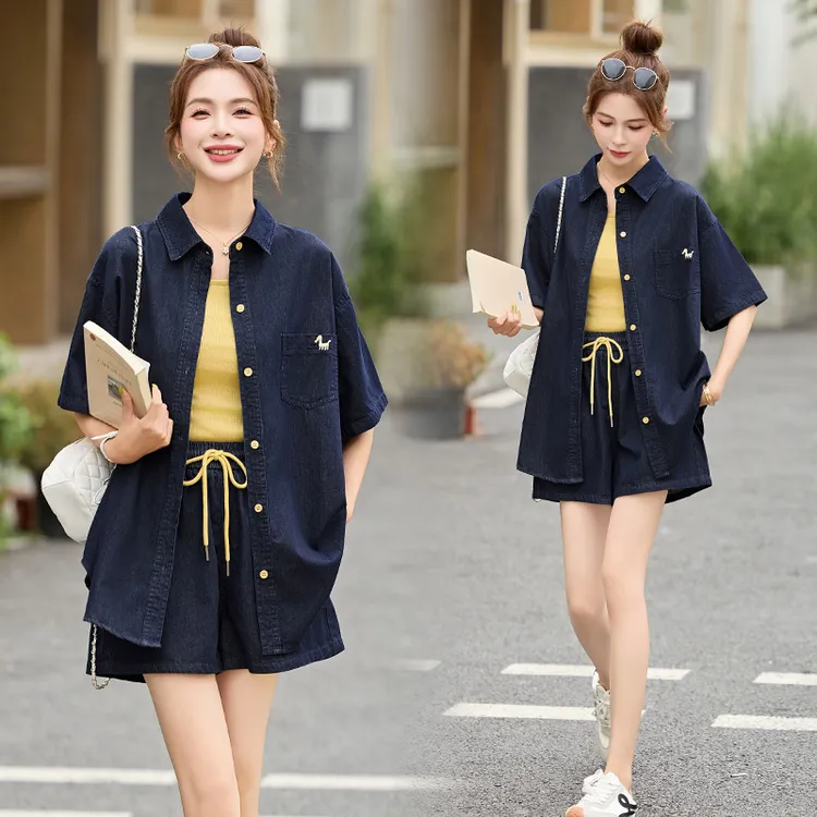 时尚套装女装夏天衣服2025年夏季新款牛仔三件套背心短裤休闲套装