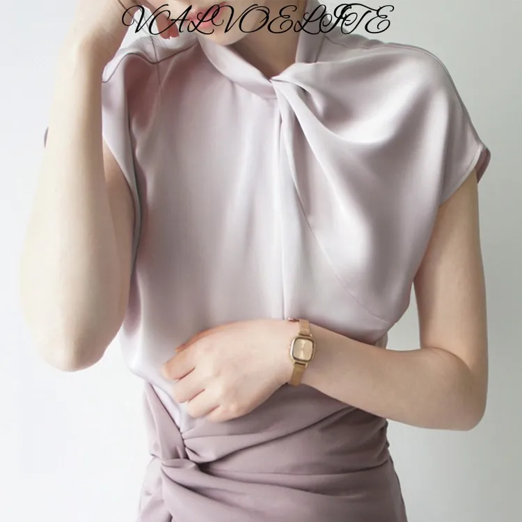 时尚轻奢绝美灰调淡紫不对称短袖丝绒衬衫女夏季款设计感名媛衬衣