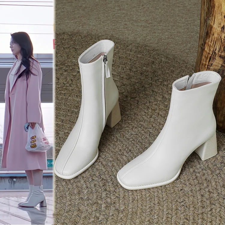 骄阳似我赵今麦聂曦光同款短靴米白色粗跟真皮百搭冬季加绒配大衣