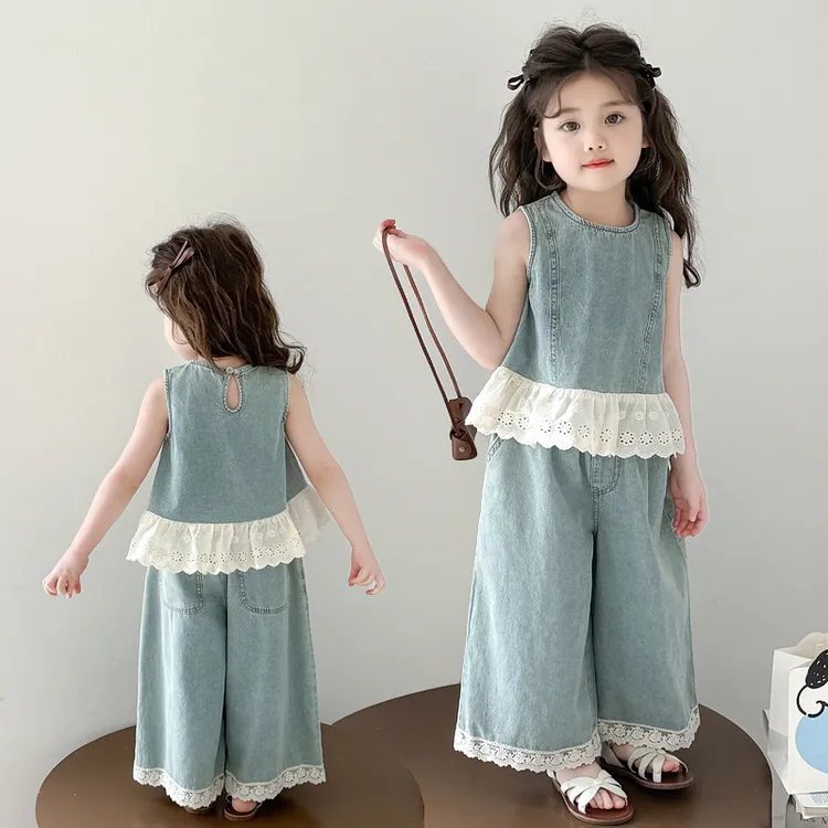 女童中小童夏季新款花边背心阔腿裤牛仔套装韩版无袖洋气两件套