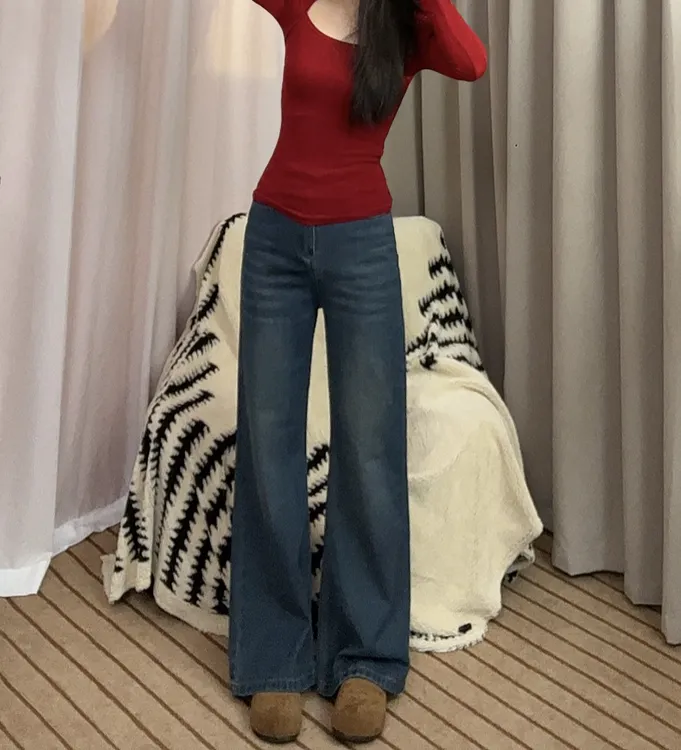 2025秋季牛仔裤女水洗高腰阔腿拖地微喇女裤百搭修身显瘦宽松008#