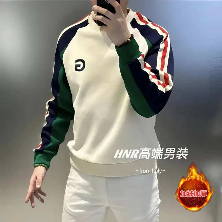 2025欧版新款高品质加绒男士刺绣时尚保暖潮流百搭打底衫长袖卫衣