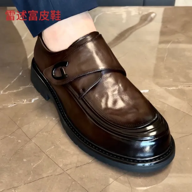 雷述富品牌男士透气舒适英伦风孟克鞋皮鞋头层牛皮休闲皮鞋纳帕纹