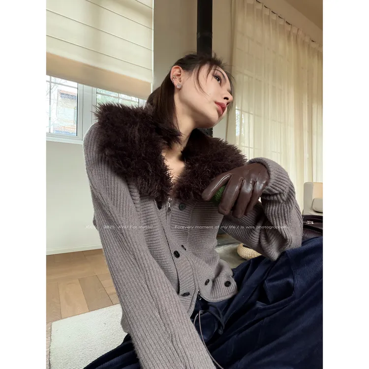 JCCC影子【围城】咖色绵羊毛混纺可拆卸毛领收腰翻领针织毛衣开衫