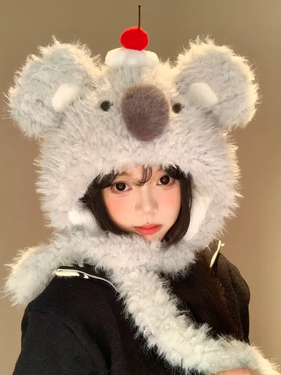 可爱蛋糕考拉毛绒帽女秋冬季显脸小加厚加绒保暖防寒护耳雷锋帽子