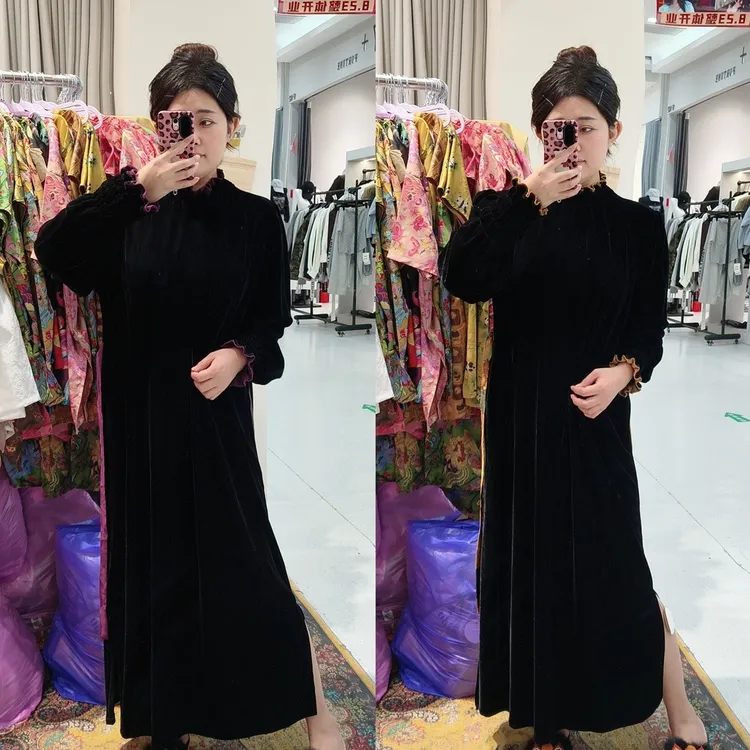 清苍价~深圳305南油高定丝绒连衣裙花苞袖气质显瘦长裙大码连衣裙