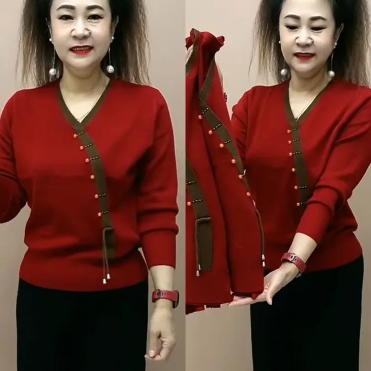 新中式妈妈装时尚毛针织衫洋气减龄百搭款气质V领休闲打底衫遮肉