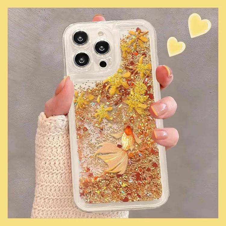 金色锦鲤适用苹果16promax手机壳流沙iPhone15新年款14plus中国风
