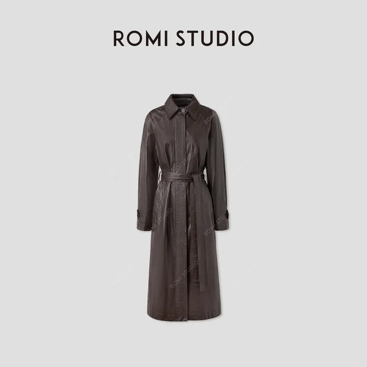 ROMI STUDIO“棕标系列”进口小牛皮轻蜡肌理感皮大衣 RWCAS85168