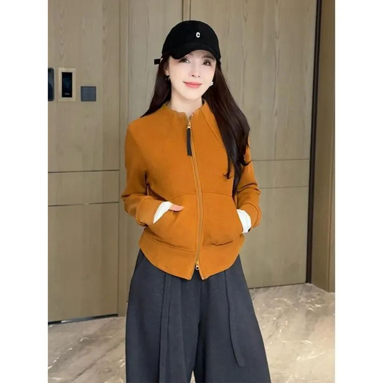 熙贝 欧货立体裁剪秋季女士立领双拉炼双腰线显瘦卫衣长袖上衣