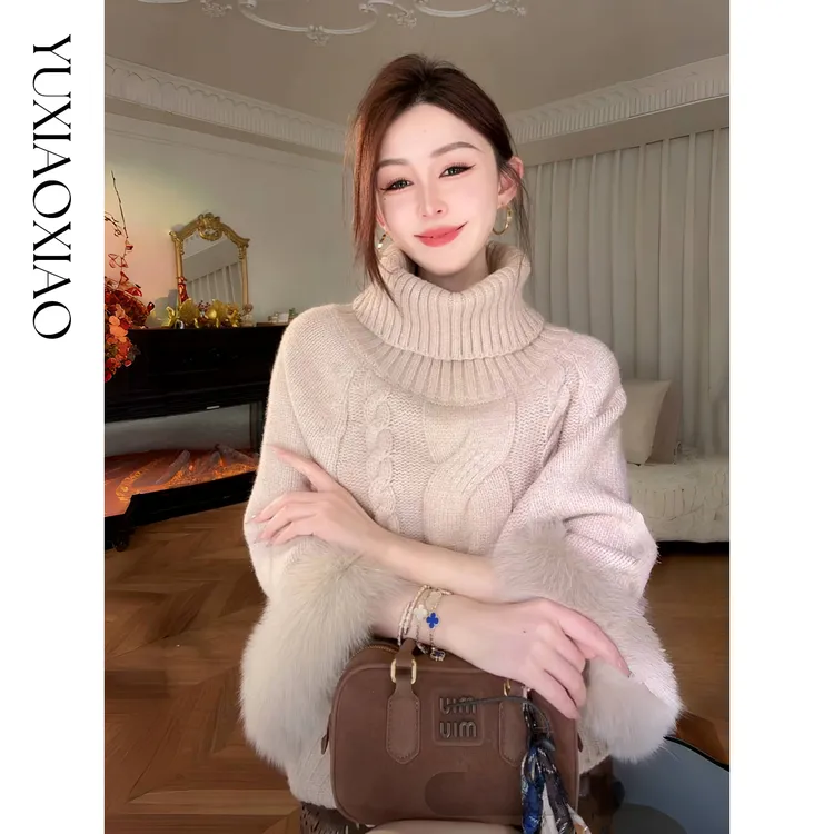 余潇潇【上东区贵妇】轻奢百搭慵懒风高领蝙蝠袖显瘦斗篷狐狸毛毛衣