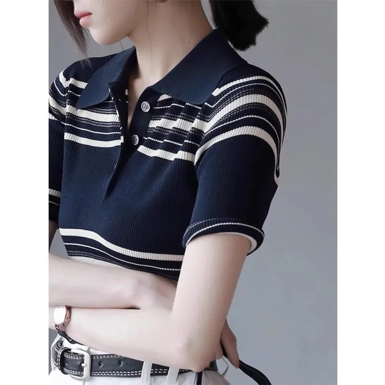高级感撞色条纹POLO翻领冰麻针织衫女夏季修身显瘦正肩T恤上衣薄